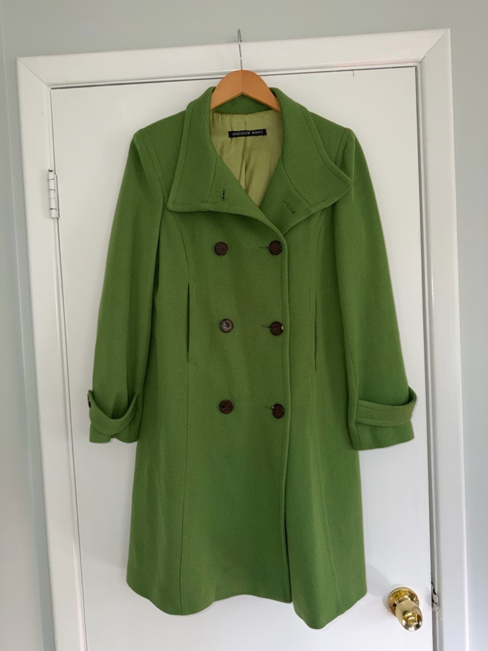Andrew Marc Women's Green Double-Breasted Wool Pea Coat